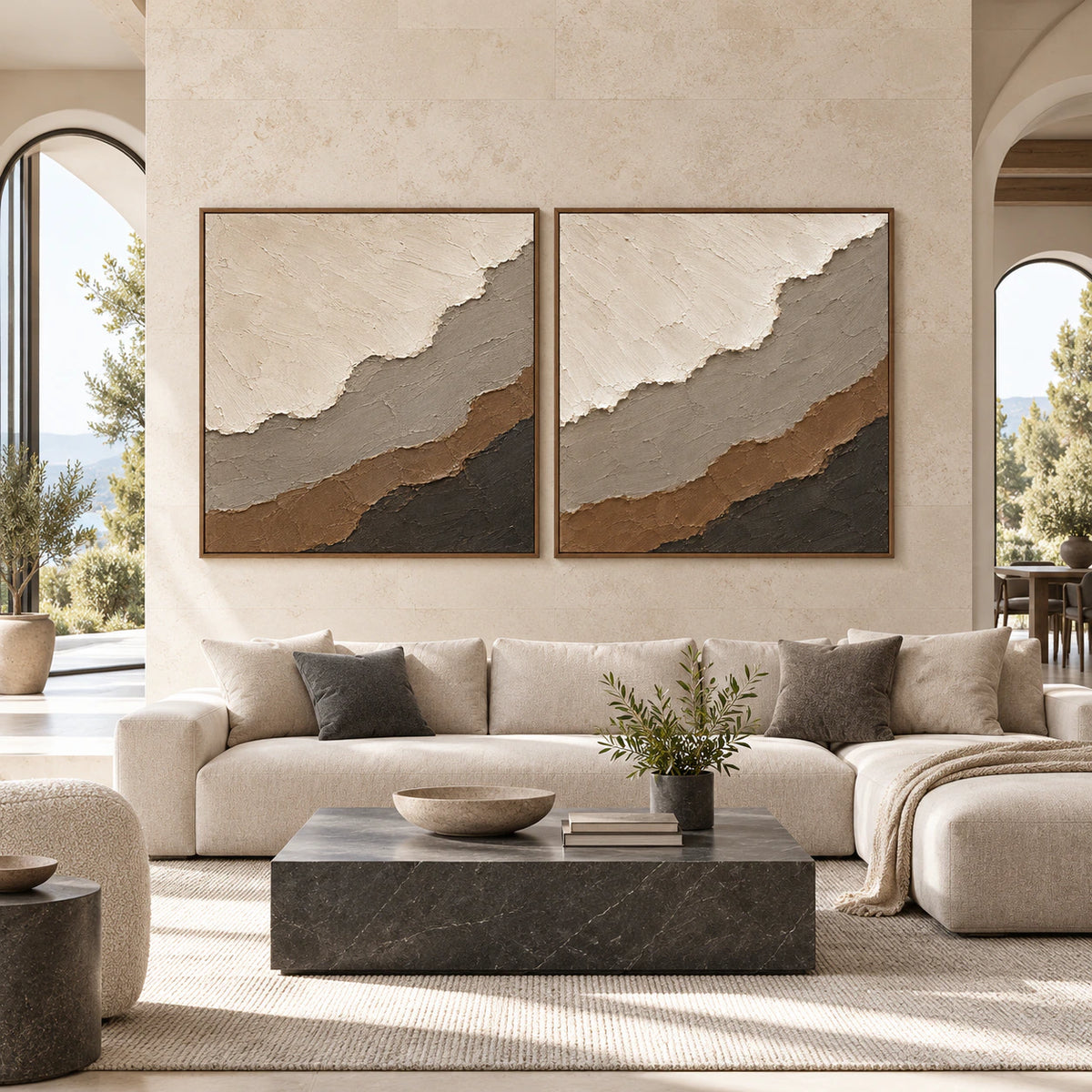 Strata-Ember diptych displayed at large scale in a bright architectural living space