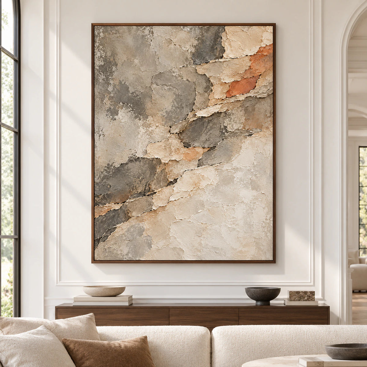 Large vertical Strata-Passage painting viewed straight-on in a spacious architectural interior, with surrounding room context visible in natural daylight.