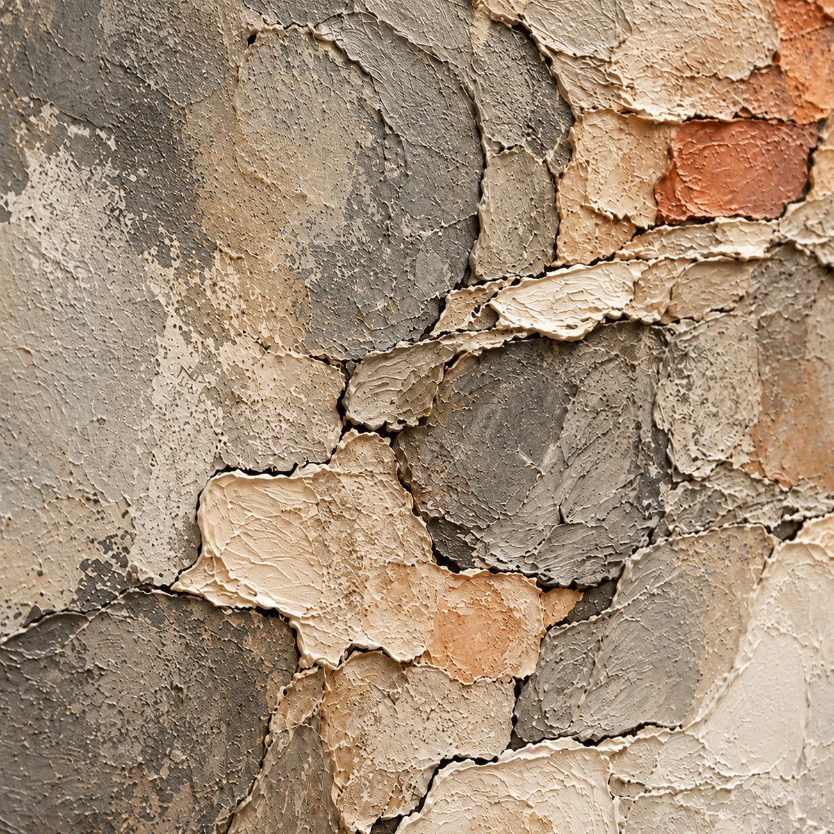 Square close-up of Strata-Passage viewed from an oblique side angle, with grazing light revealing raised paint, irregular edges and shallow shadows.