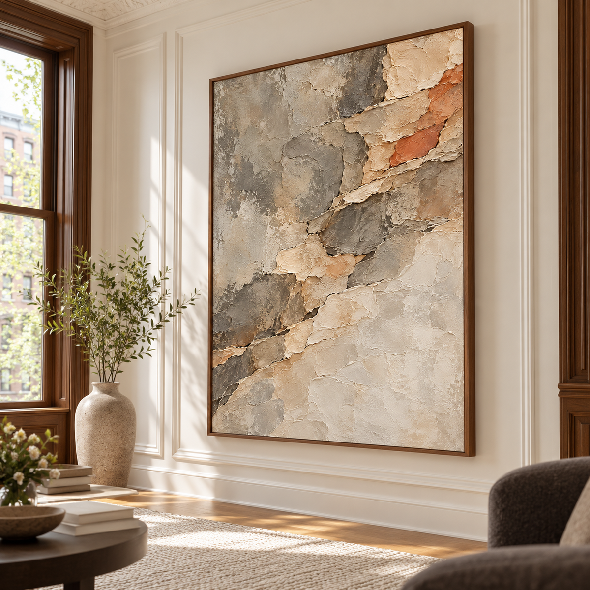 Large vertical Strata-Passage painting in a bright living room with pale plaster walls, large windows and a low charcoal sofa, viewed slightly from the left at seated eye level.