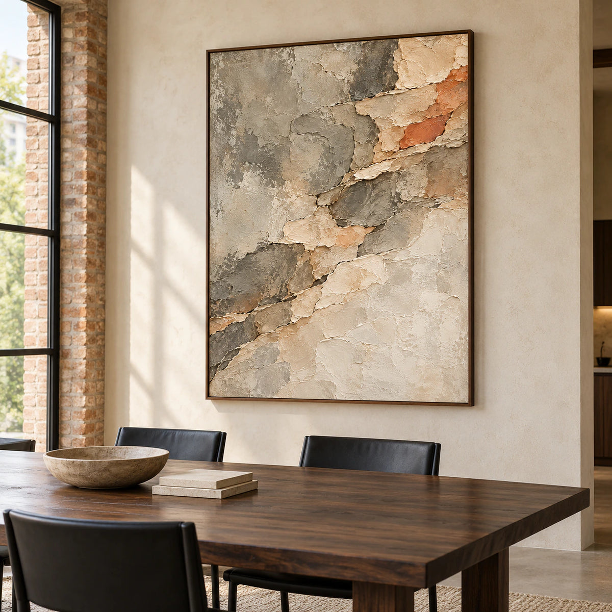 Large vertical Strata-Passage painting in a daylight-filled dining room with a dark walnut table, slender black chairs and a limestone wall, viewed slightly from the right.