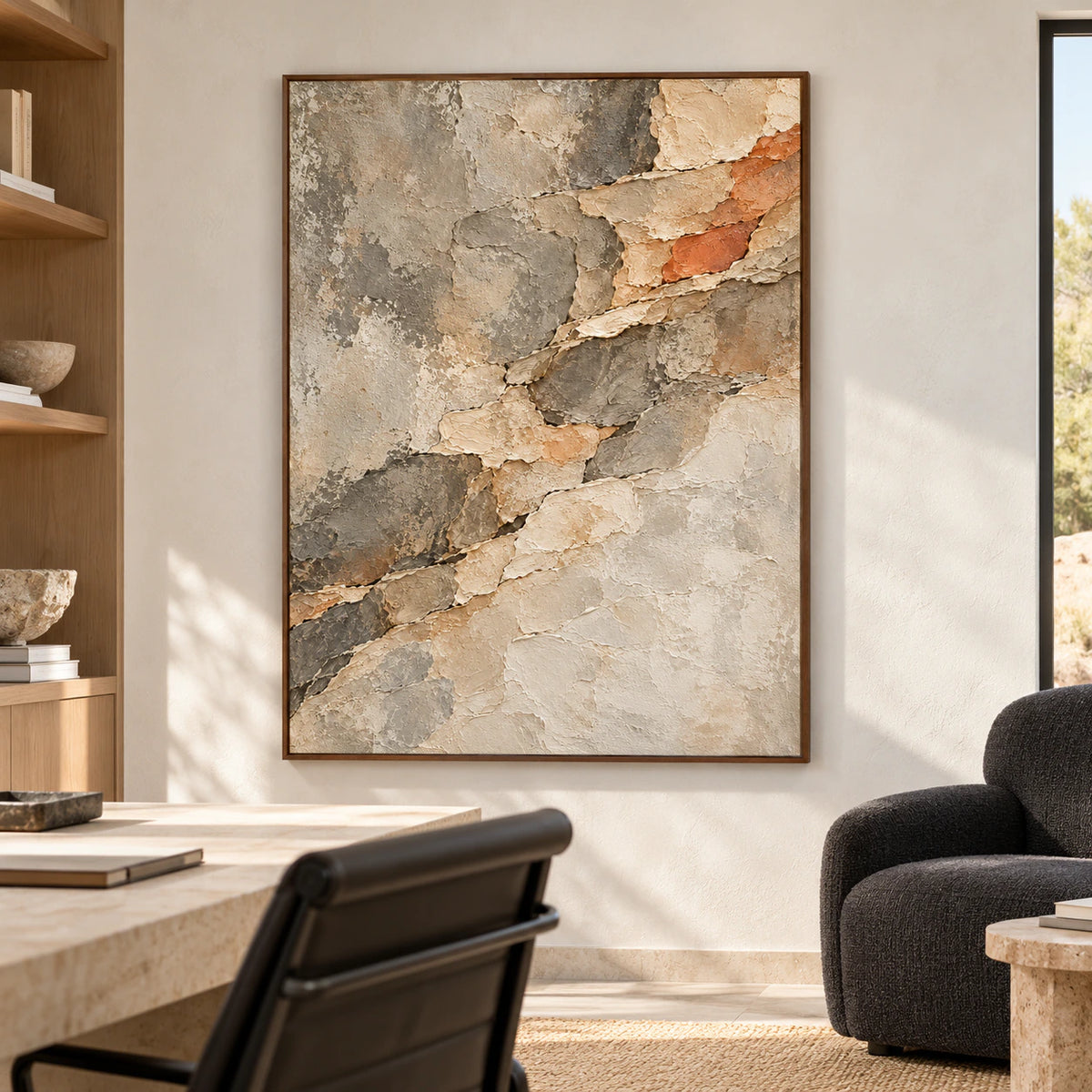 Large vertical Strata-Passage painting in an airy office with a pale desk, black task chair, open shelving and a reading chair, viewed from the right near the desk.