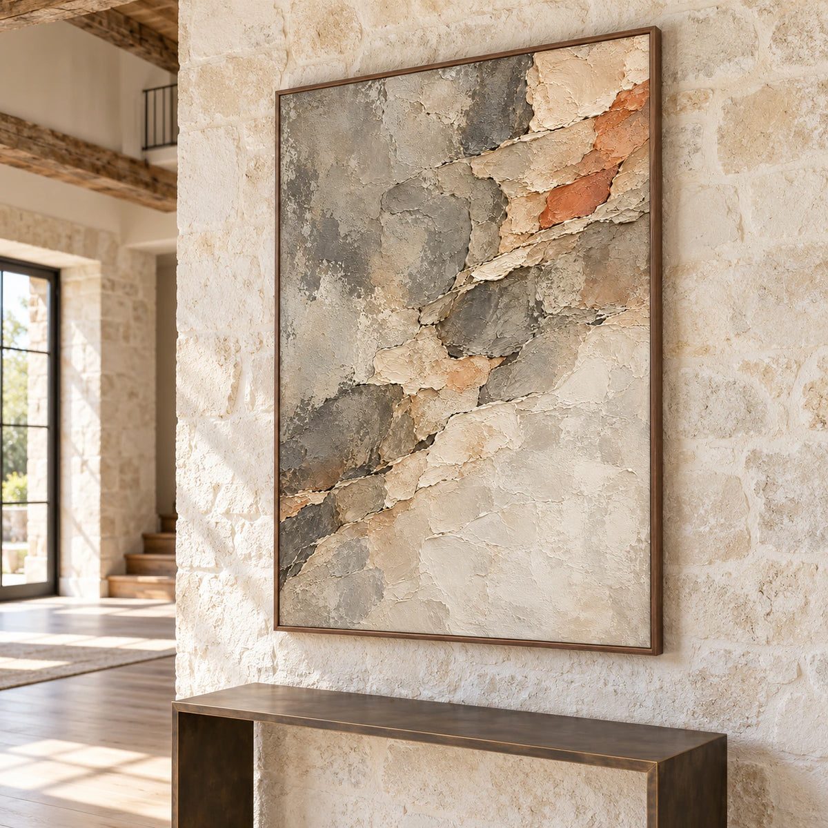 Large vertical Strata-Passage painting on a tall pale stone wall in a spacious foyer with a dark bronze console and open floor, viewed from a left-oblique approach.
