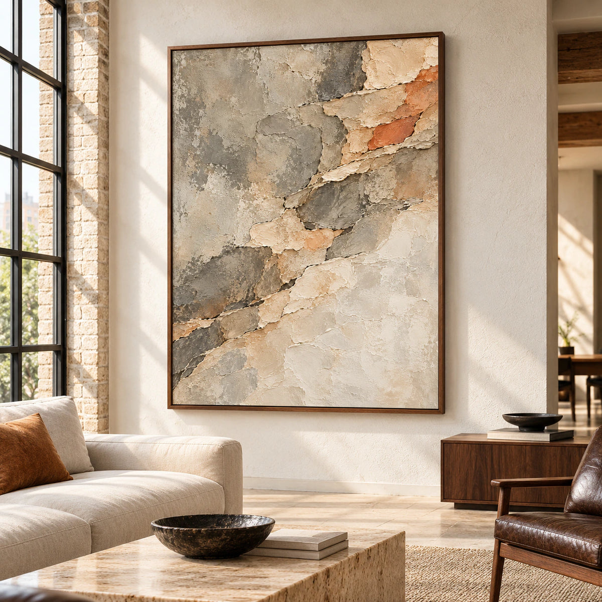 Large vertical Strata-Passage painting in a contemporary loft with tall steel-framed windows, a pale brick wall and black and walnut furnishings, viewed from the right across the room.