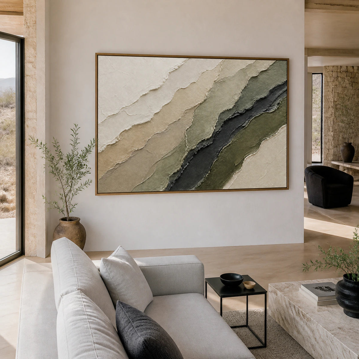 Strata-Quiet as the focal artwork in a bright contemporary living room.