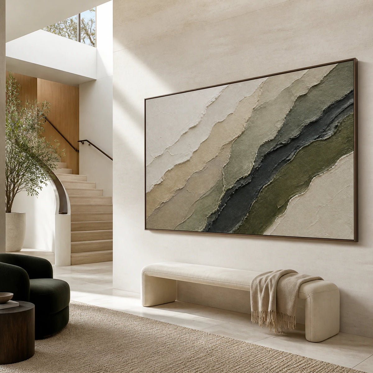 Strata-Quiet at gallery scale in a bright, sculptural foyer.