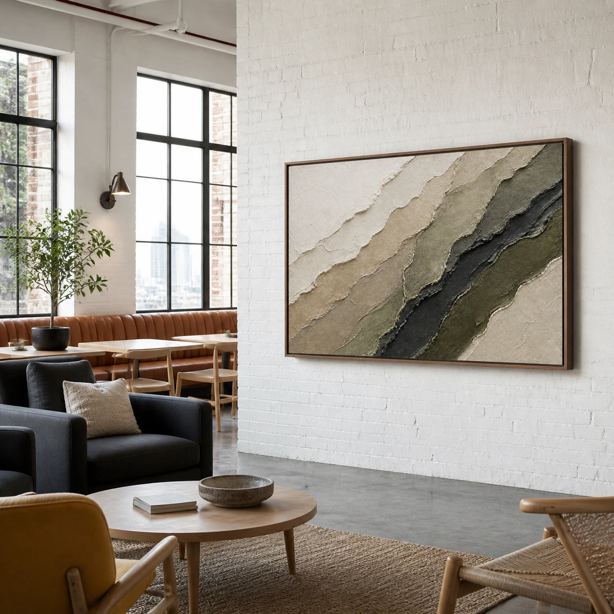 Strata-Quiet as a large focal artwork in an expansive loft hospitality interior.