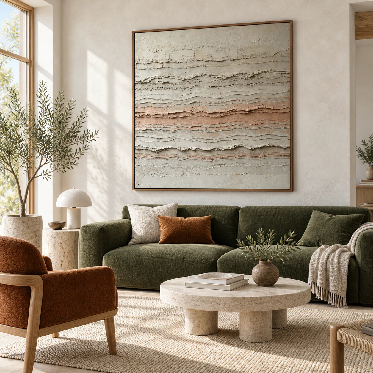 Strata-Whisper above a restrained sofa in a bright contemporary living room.