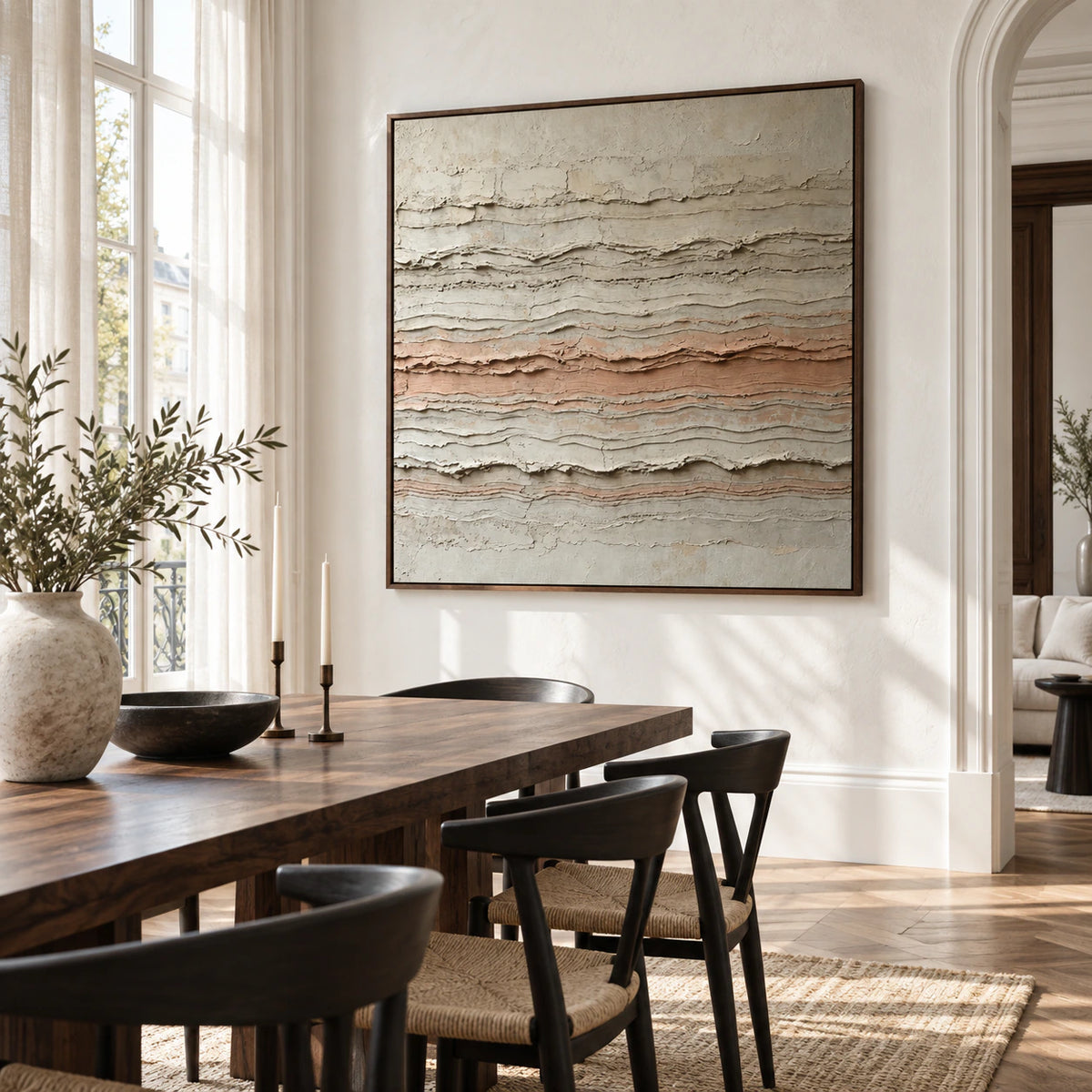 Strata-Whisper anchoring a refined daylight-filled dining room.