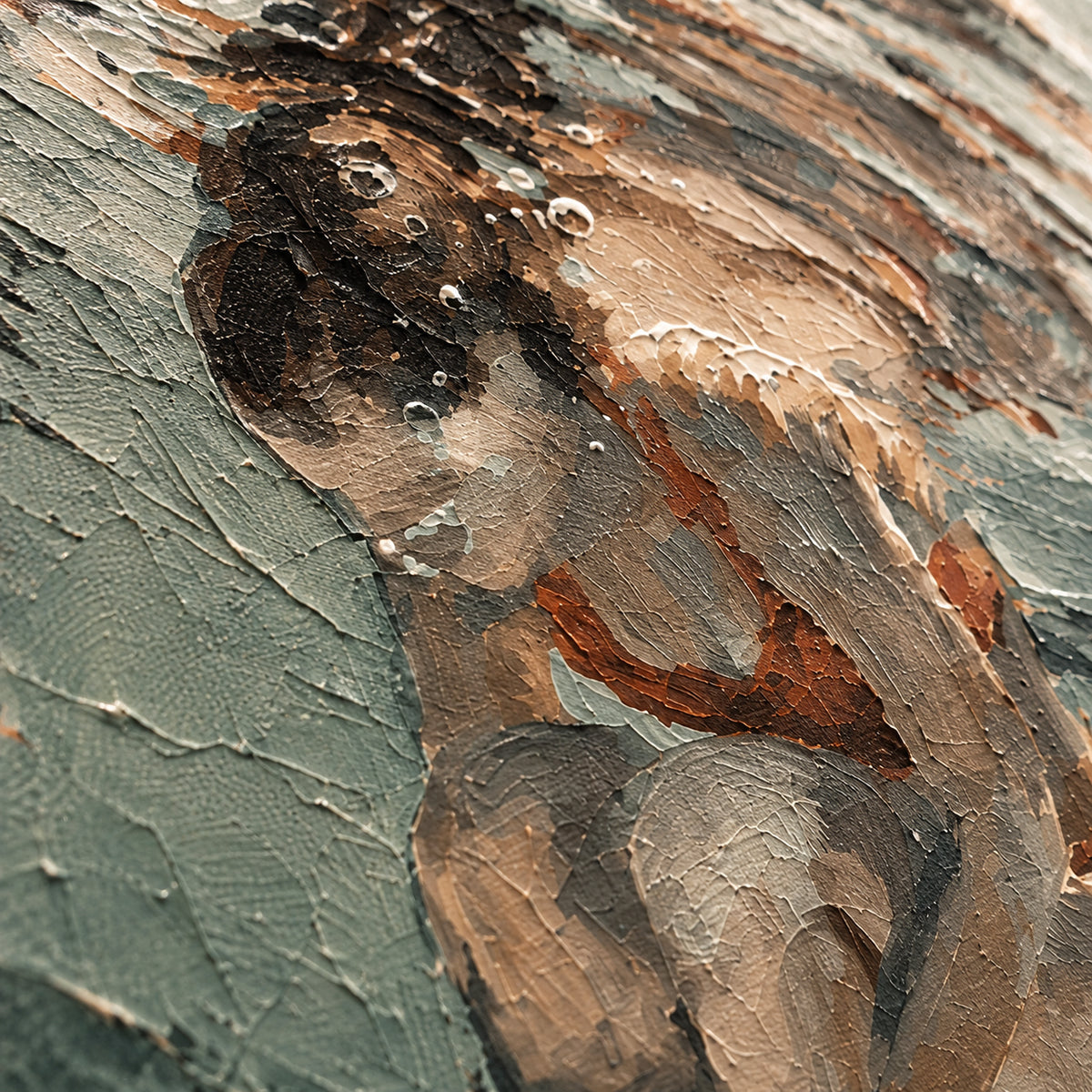 Submerged-Contour oil painting brushwork and impasto detail photographed from an oblique side angle