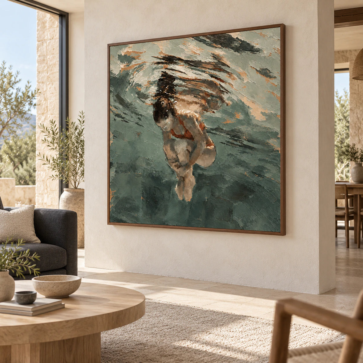 Submerged-Contour as the focal artwork in a bright, open living room.