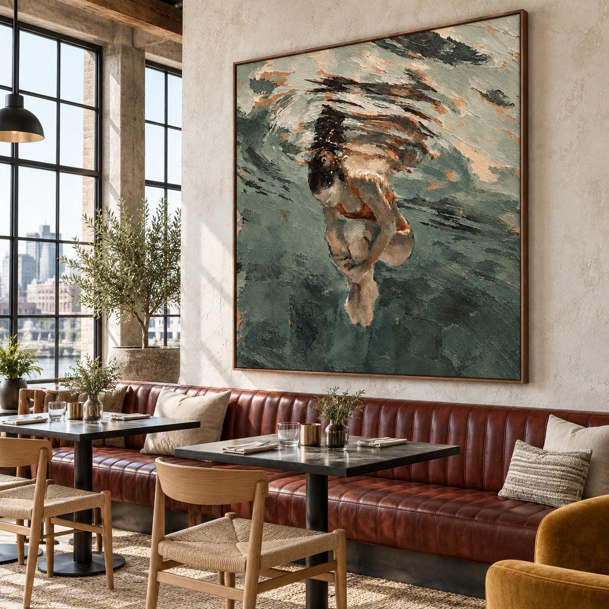 Submerged-Contour as a large focal point in an expansive loft hospitality interior.