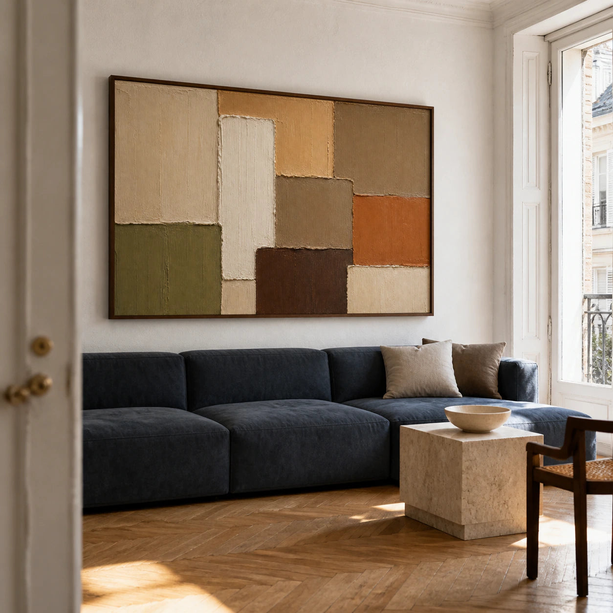 Sundried-Relief above a neutral sofa in a bright contemporary living room.