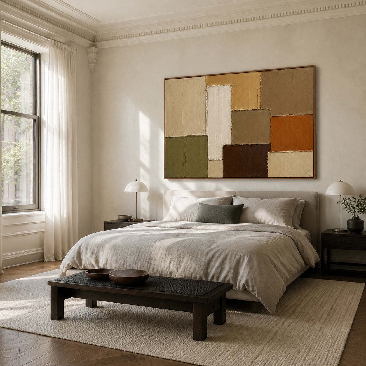 Sundried-Relief above a low bed in a quiet, light-filled bedroom.