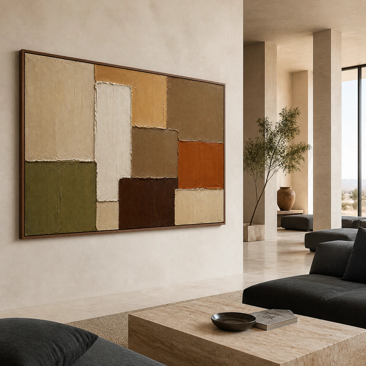 Sundried-Relief as a large focal artwork in an expansive hospitality loft.
