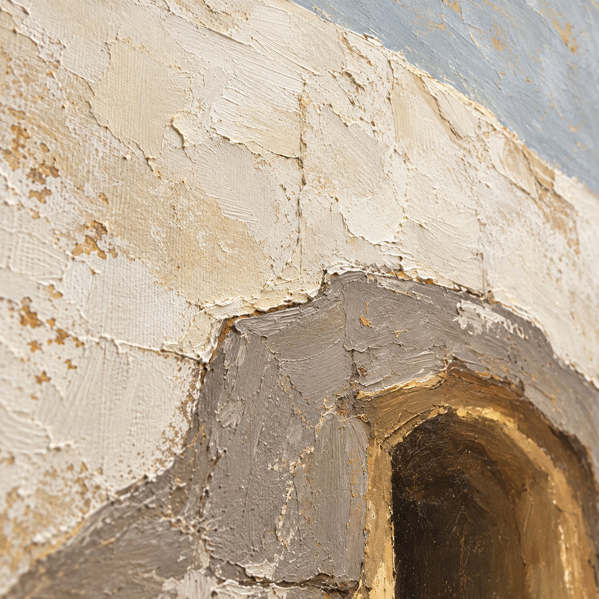 Sunken-Portal oil painting brushwork and impasto detail photographed from an oblique side angle