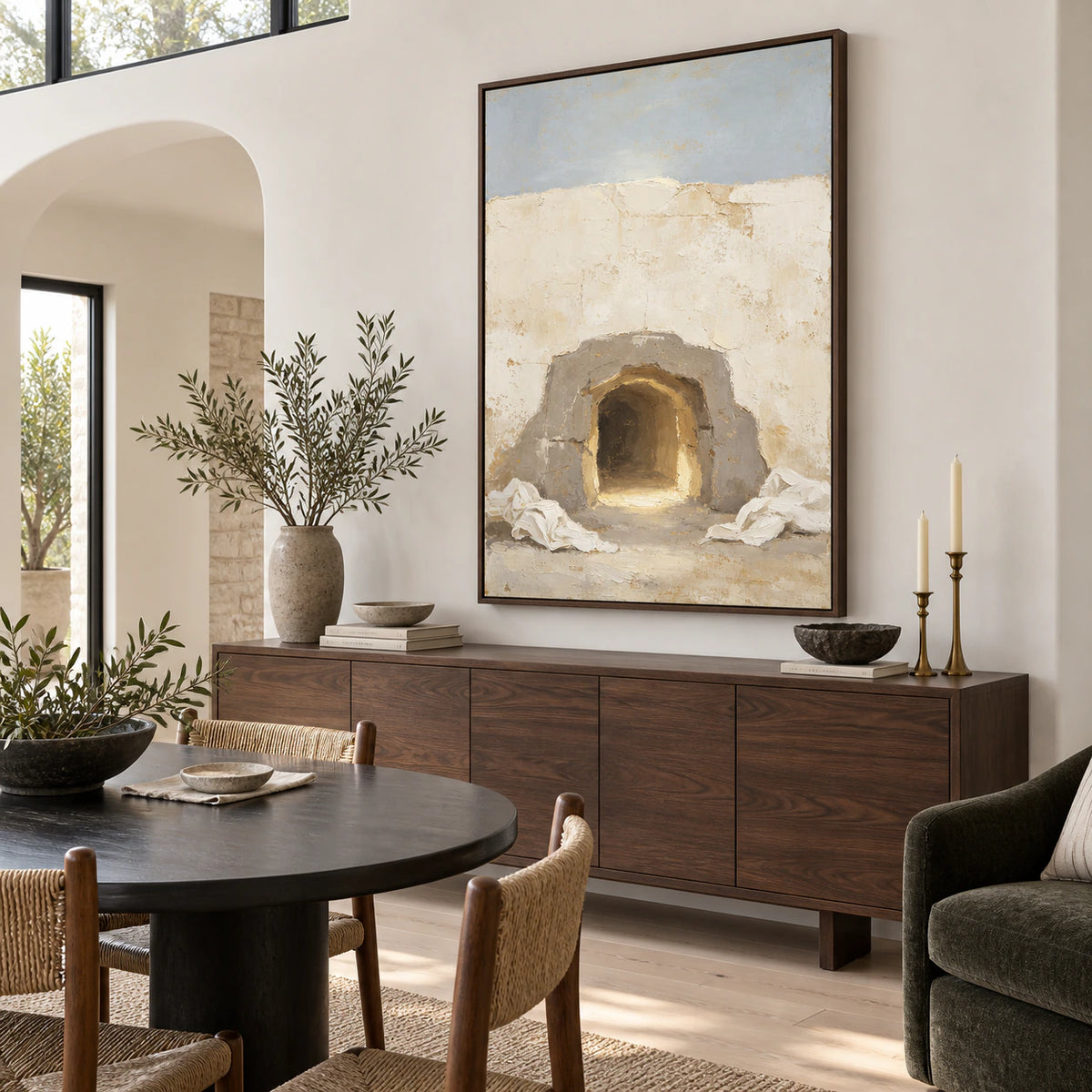 Refined dining room with Sunken-Portal displayed prominently above a sculptural sideboard.