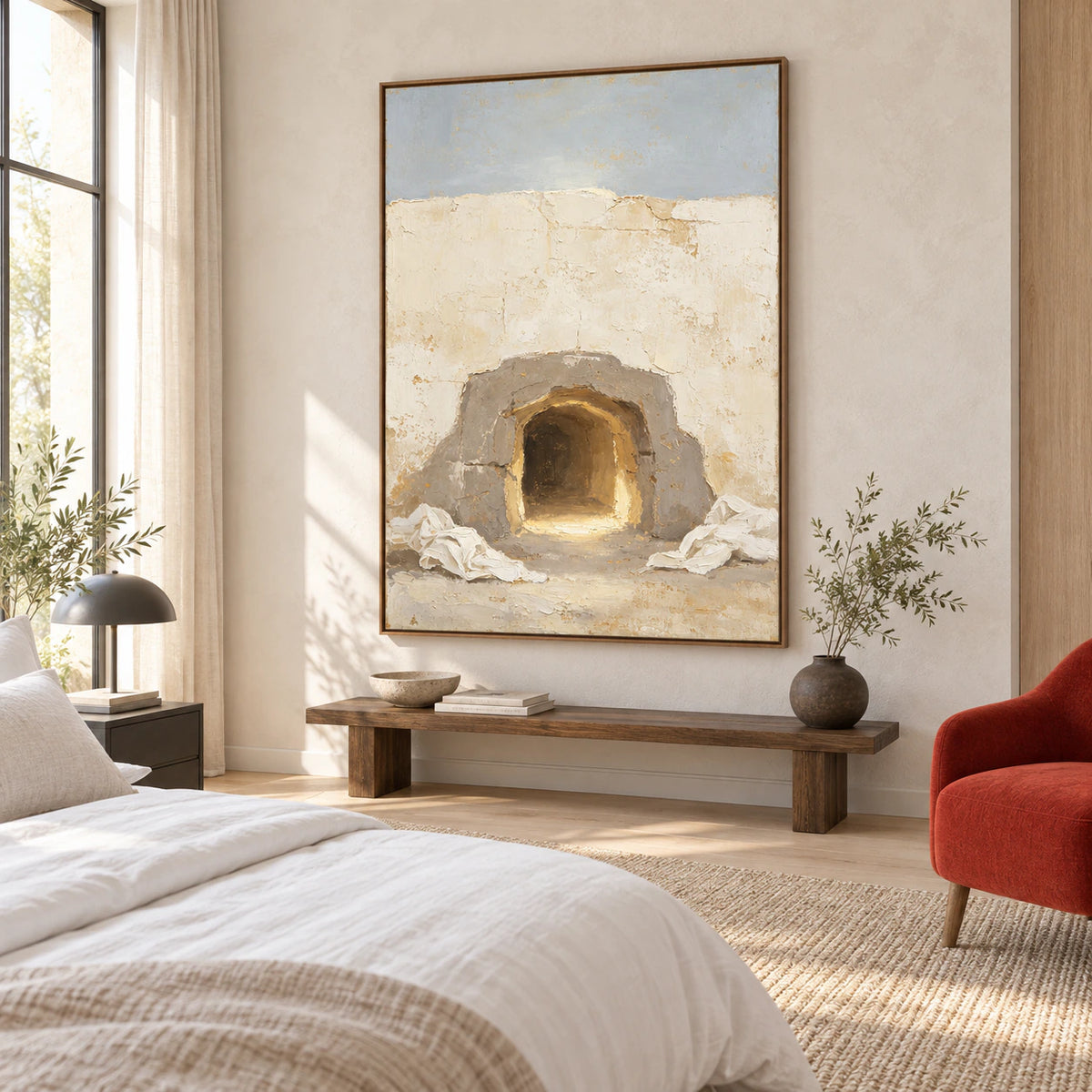 Quiet bedroom with Sunken-Portal presented as the dominant vertical artwork.