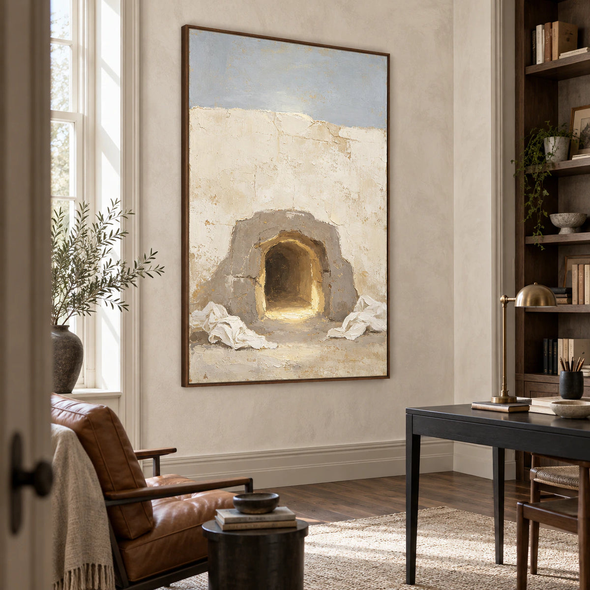 Airy reading space with Sunken-Portal as the large focal artwork.