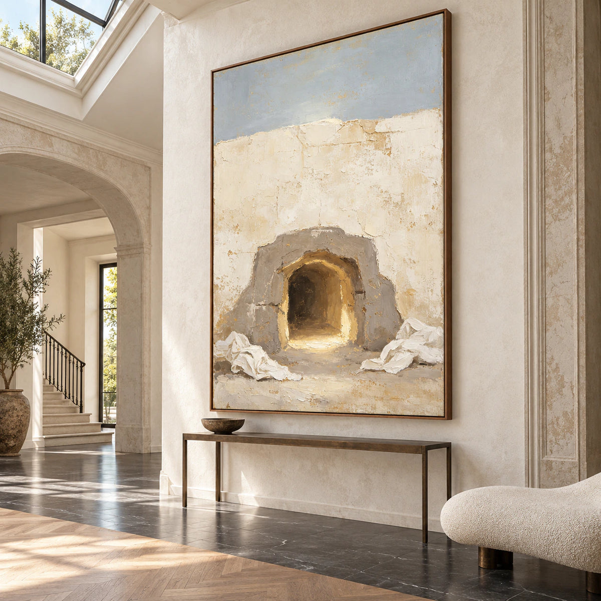 Gallery-scale foyer with Sunken-Portal installed as an oversized vertical statement.