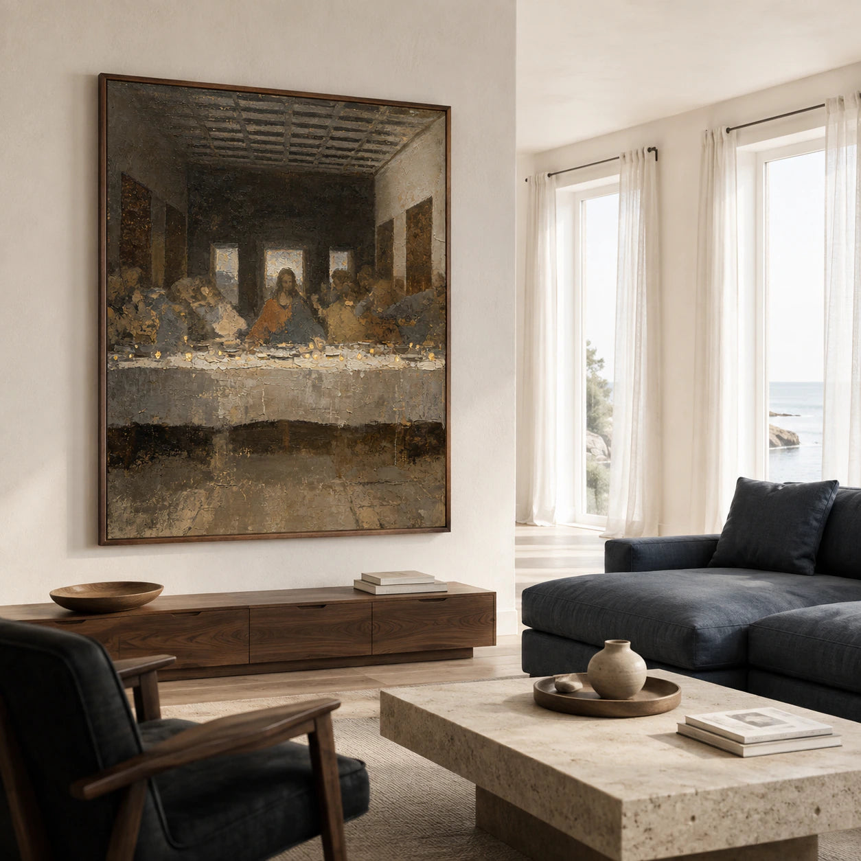 Supper-Ember as a large focal artwork in a bright contemporary living room.