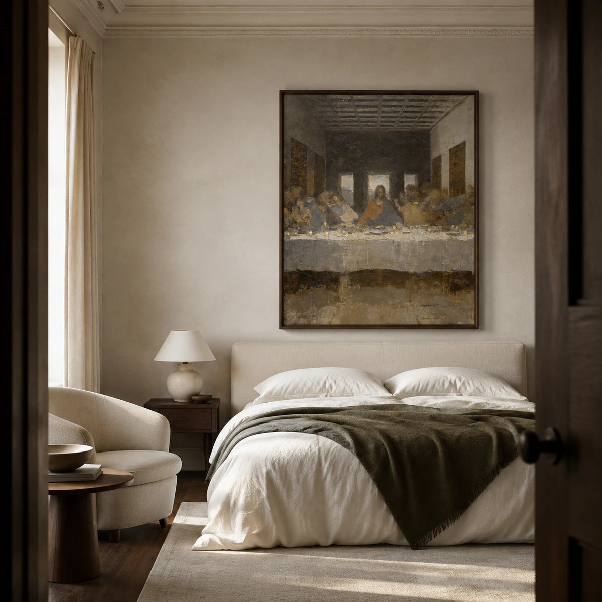 Supper-Ember as a large vertical artwork in a quiet, light-filled bedroom.