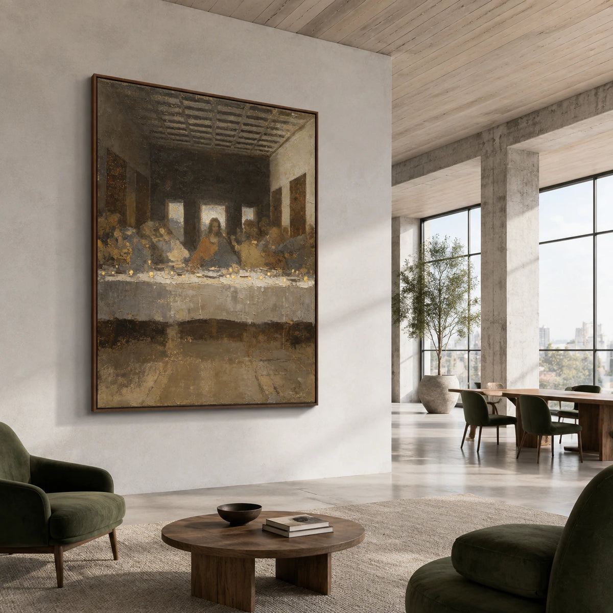 Supper-Ember as a large focal artwork in an expansive hospitality loft interior.