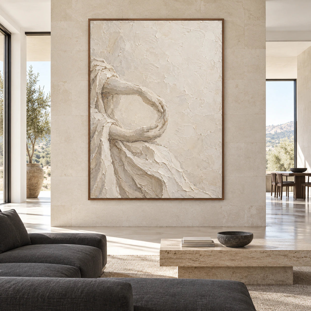Large straight-on gallery interior with Tactile-Arc as a monumental vertical artwork.