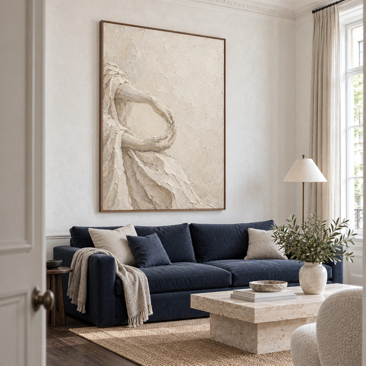 Bright living room with Tactile-Arc displayed as the central large-scale artwork.