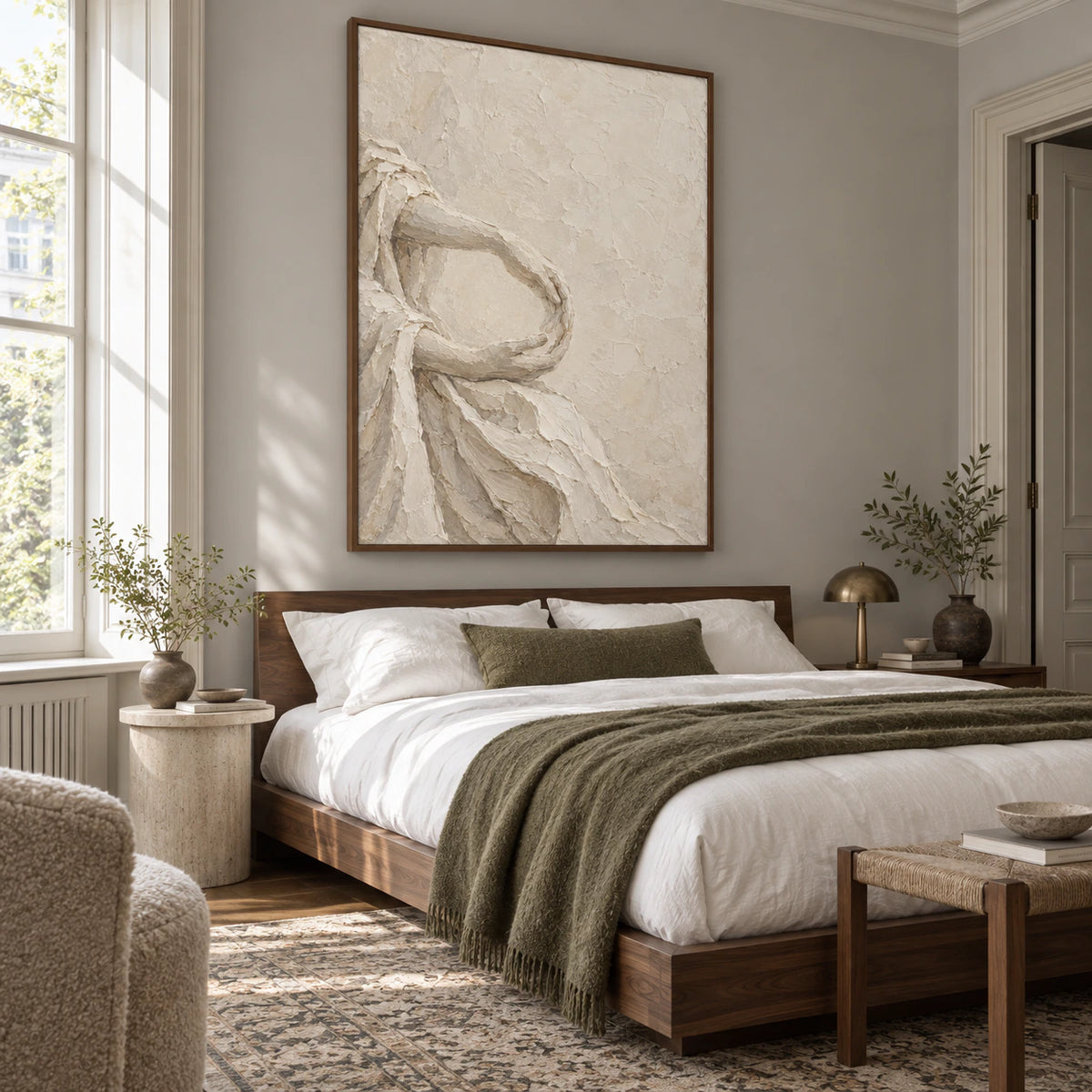 Quiet bedroom with Tactile-Arc above a low upholstered bed.