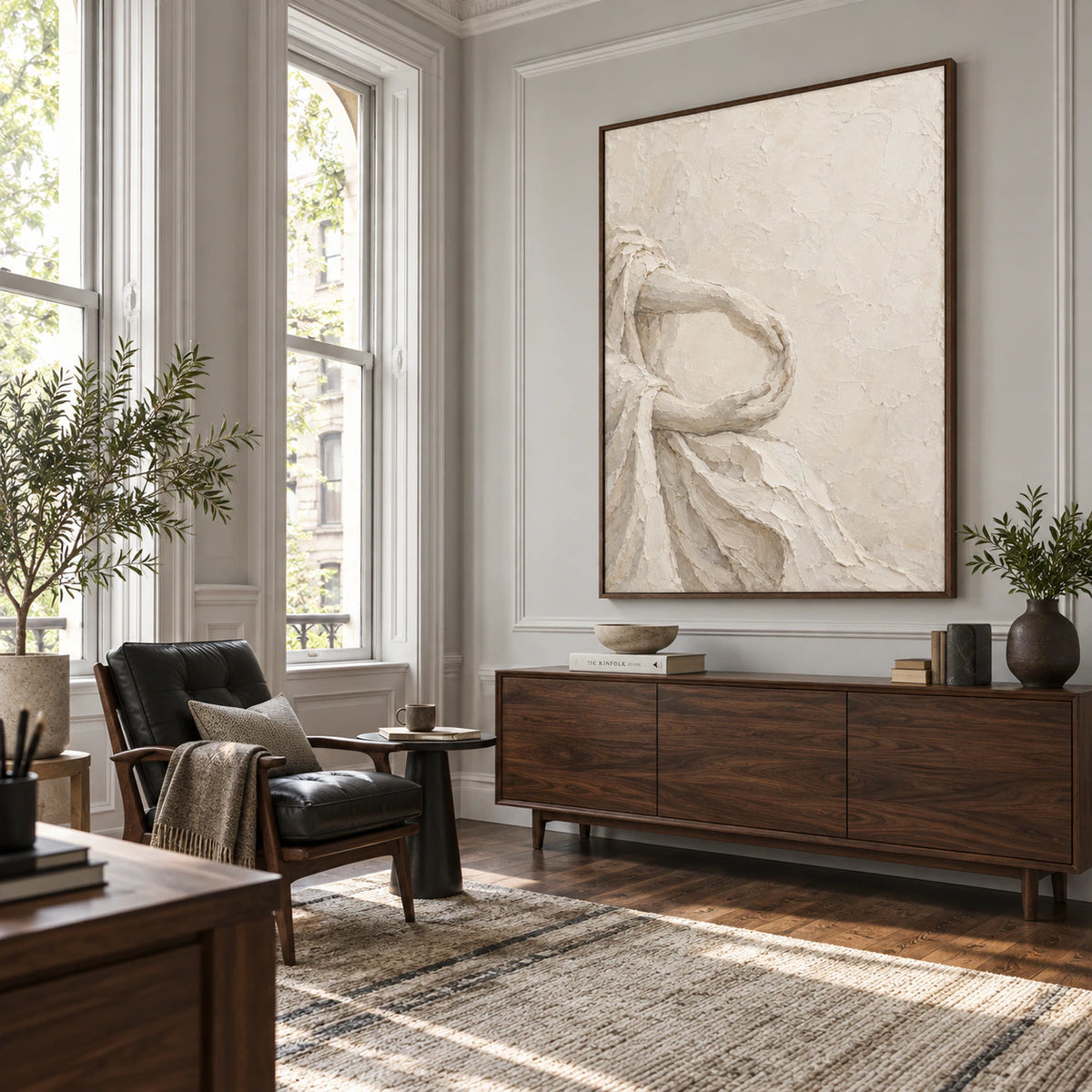 Airy reading office with Tactile-Arc as the principal wall artwork.
