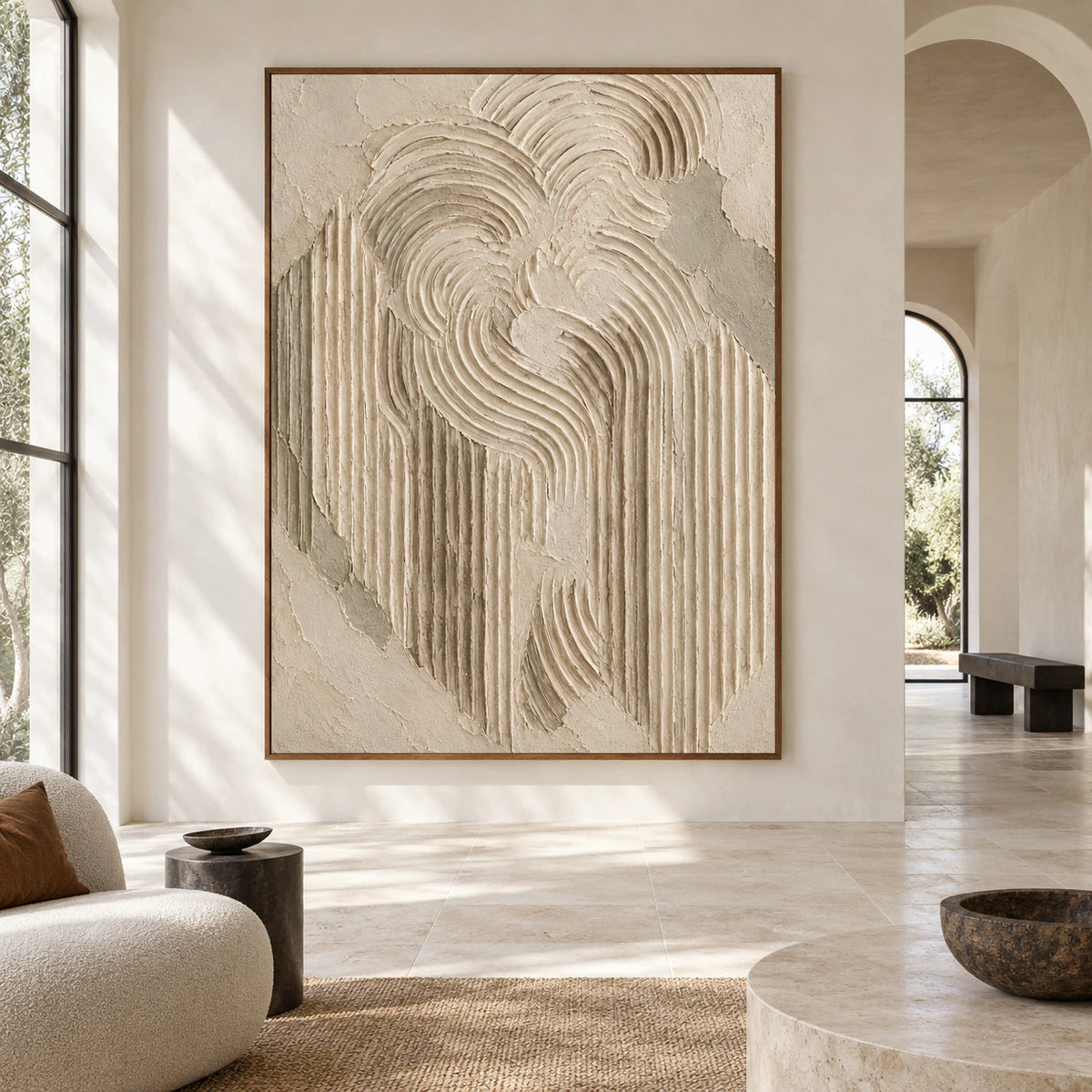 Large vertical ivory relief artwork displayed straight-on in a spacious sunlit architectural interior.