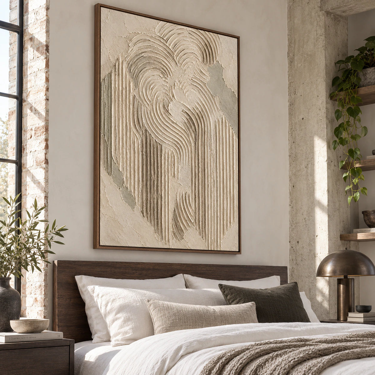 Textured vertical abstract artwork in a quiet, softly lit bedroom.