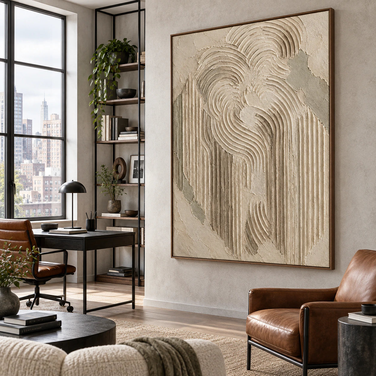 Ivory relief wall art in an airy reading and home office space.