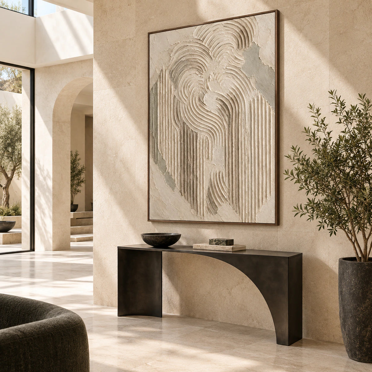 Gallery-scale vertical textured artwork in a bright sculptural foyer.