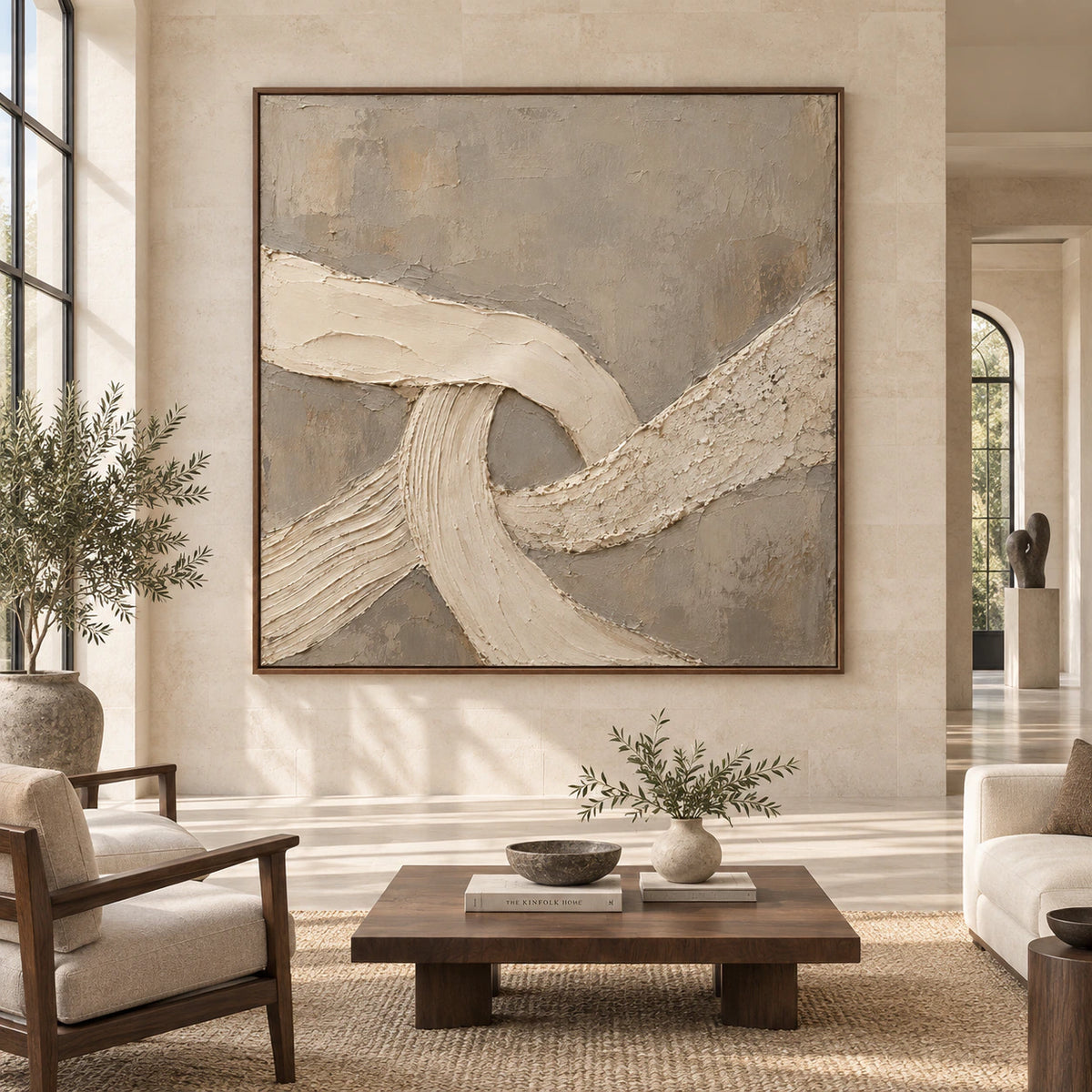 Large square textured abstract artwork with ivory sweeping bands in a spacious contemporary interior.