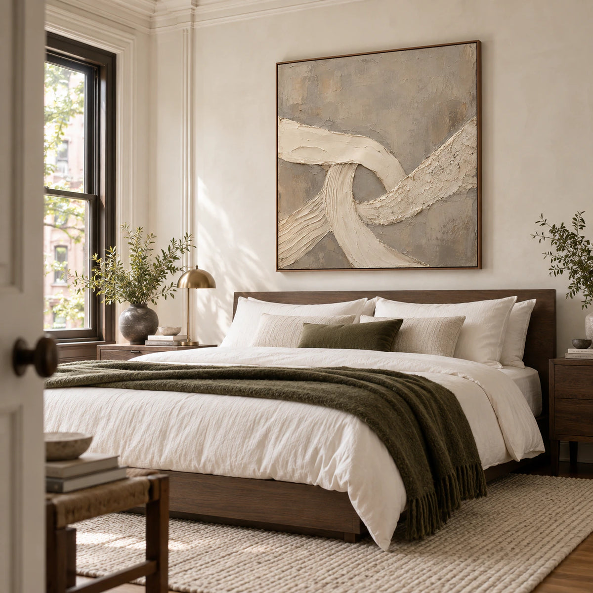 Square textured neutral abstract artwork in a quiet sunlit bedroom.