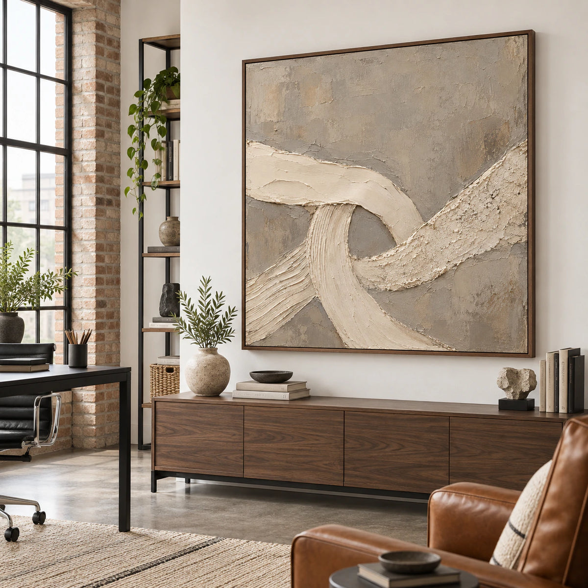 Square textured abstract artwork in an airy home office reading space.