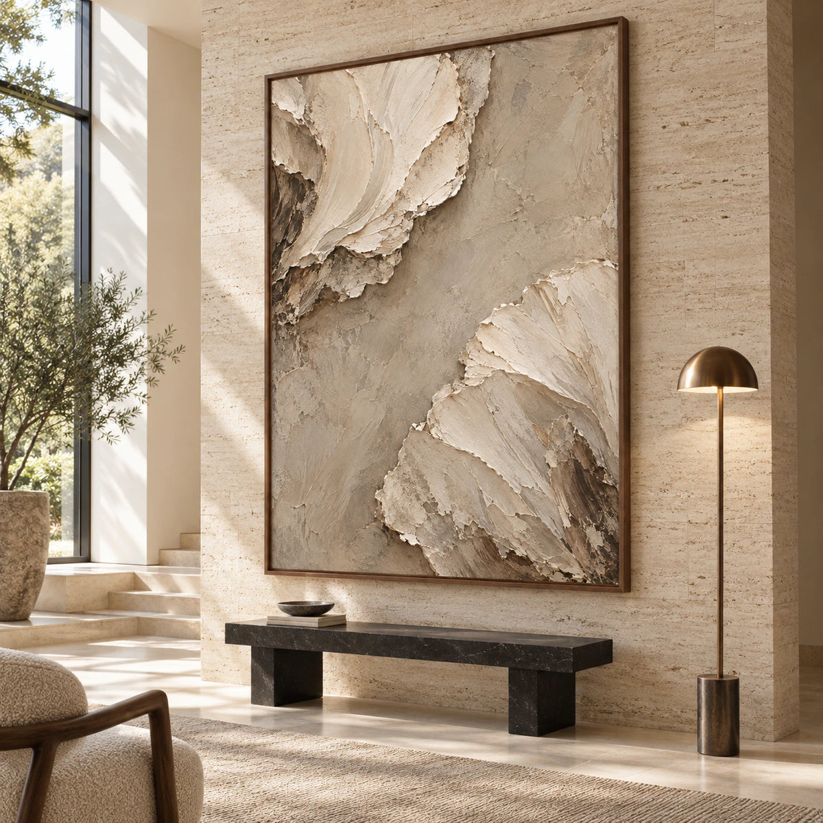 Gallery-scale ivory and sand abstract painting in a bright architectural foyer.
