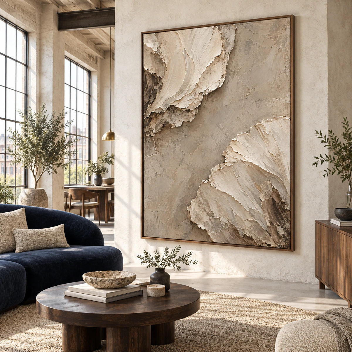 Large vertical textured abstract painting in an open daylight loft hospitality interior.