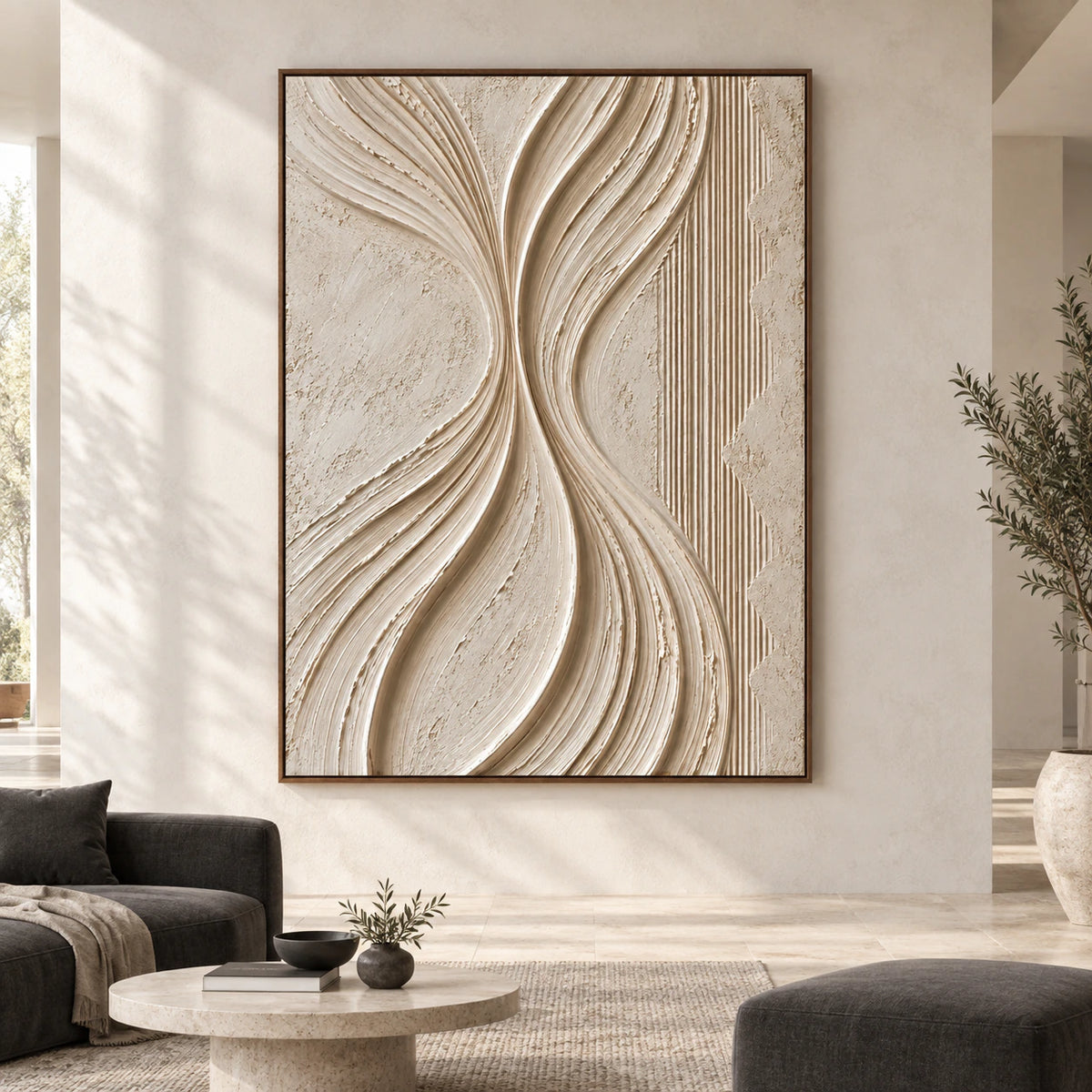 Large ivory textured abstract painting displayed straight-on in a bright, gallery-scale living space.