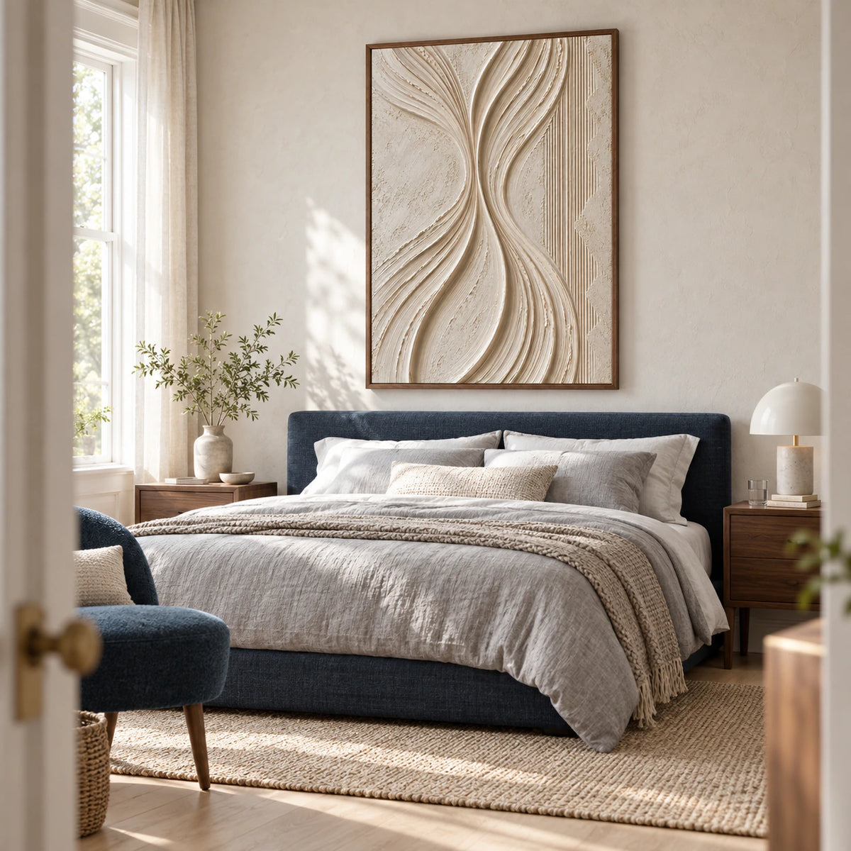 Sand-toned textured abstract painting in a quiet, softly lit bedroom.