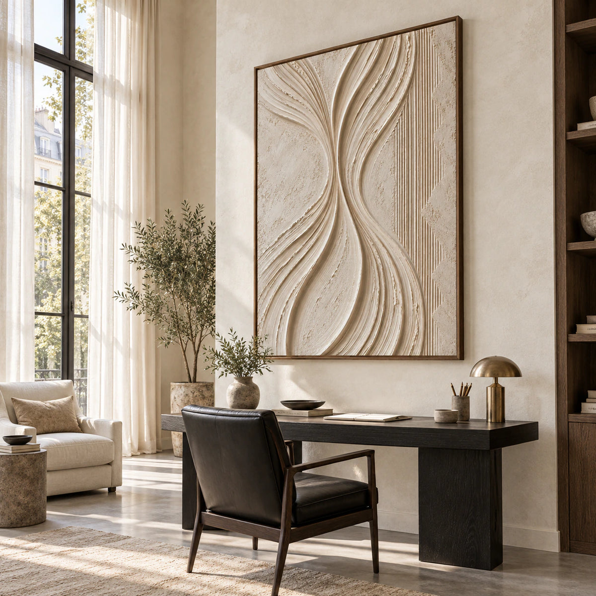 Ivory sculptural wall art in an airy home office reading space.