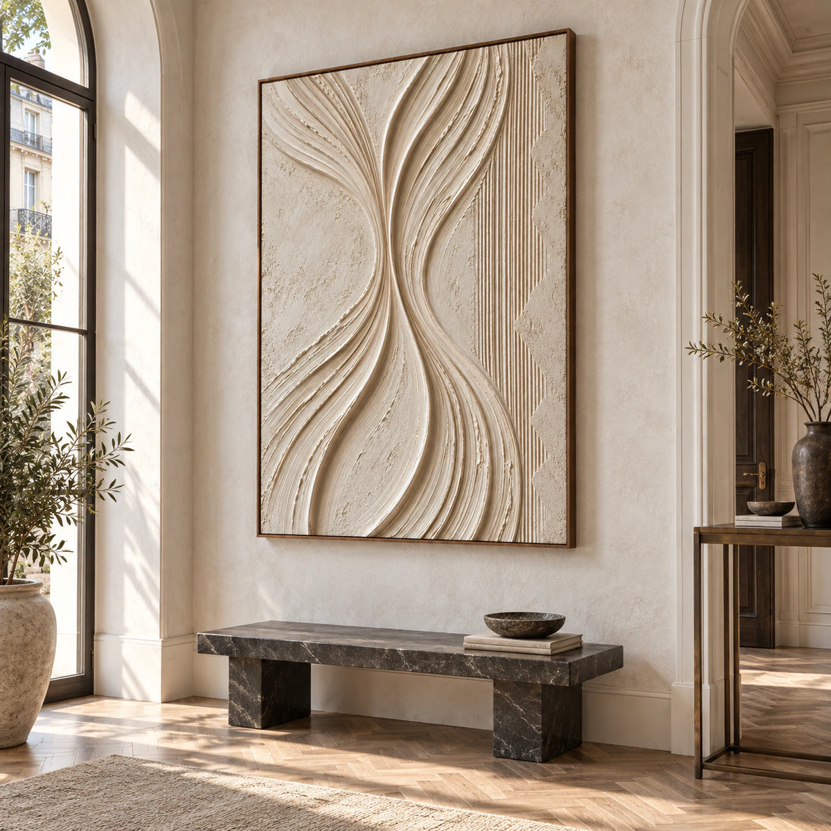 Large vertical relief painting in a bright gallery-scale foyer.