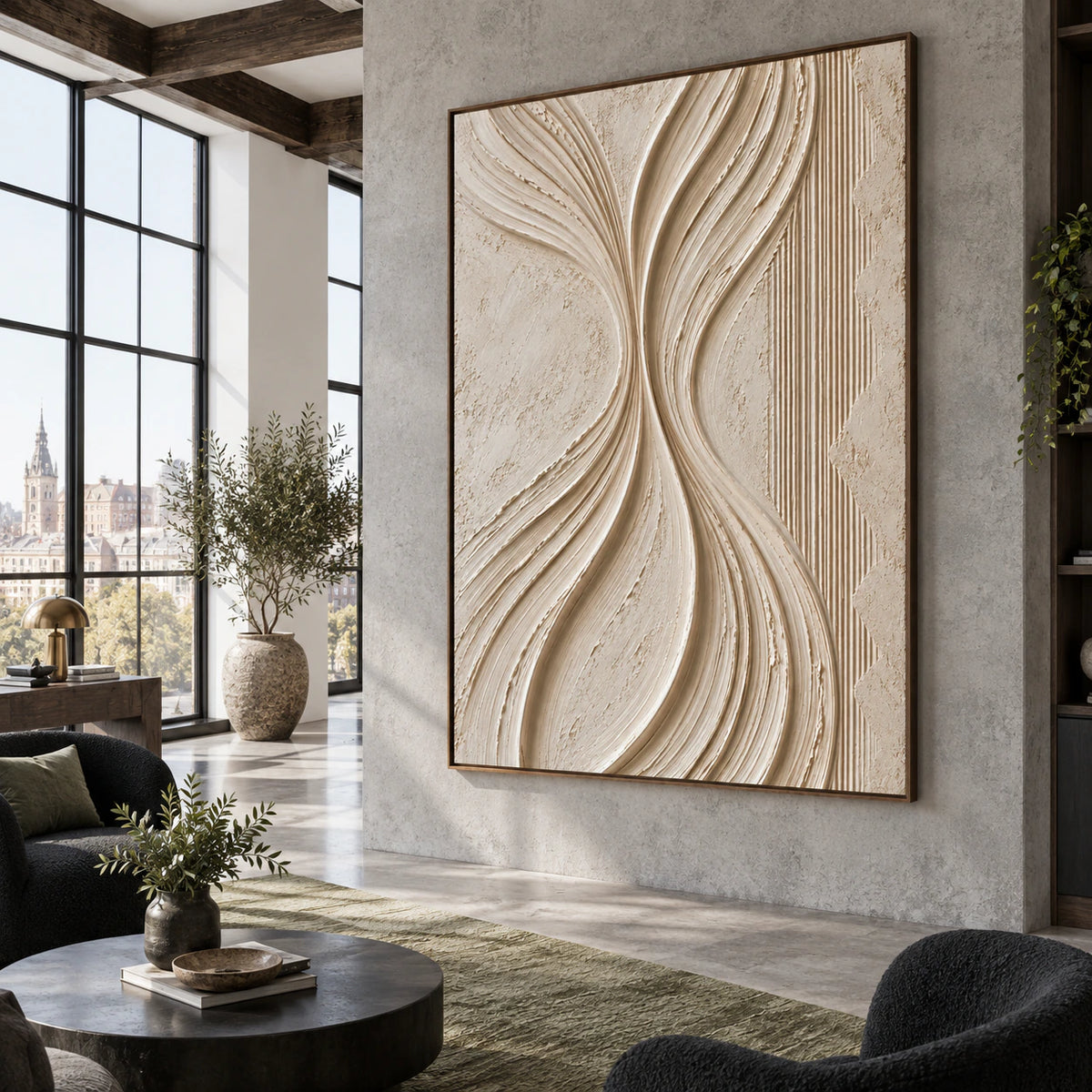 Textured ivory abstract artwork in an expansive daylight loft interior.