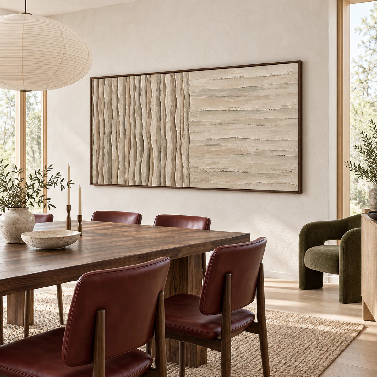 Tactile-Divide in a refined daylight-filled dining room with sculptural furnishings.