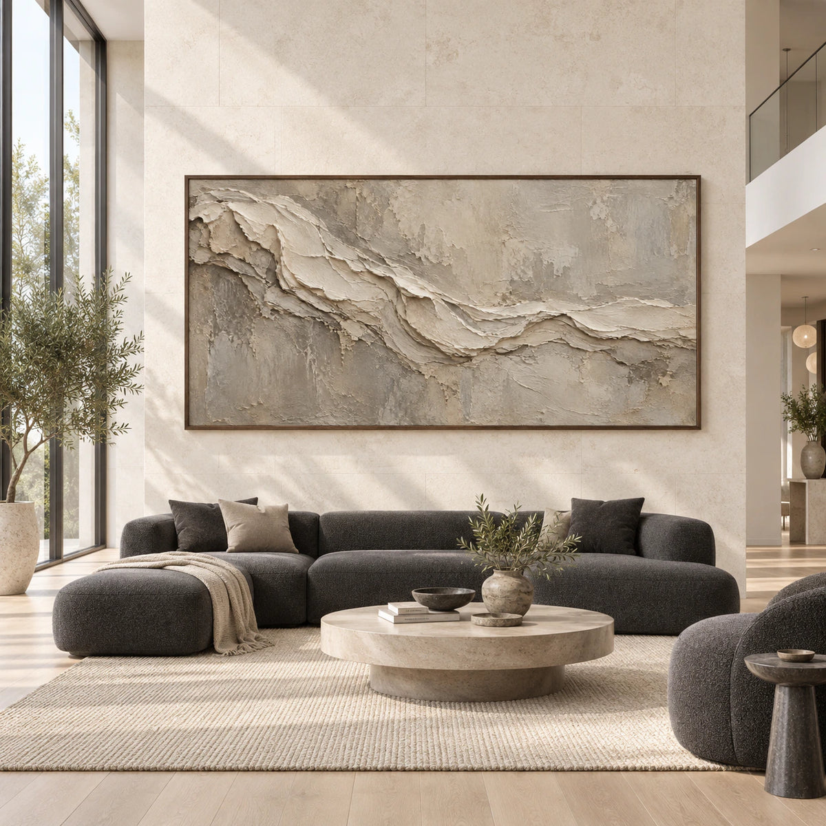 Tactile-Drift displayed at large scale straight-on in a bright, expansive architectural living space.