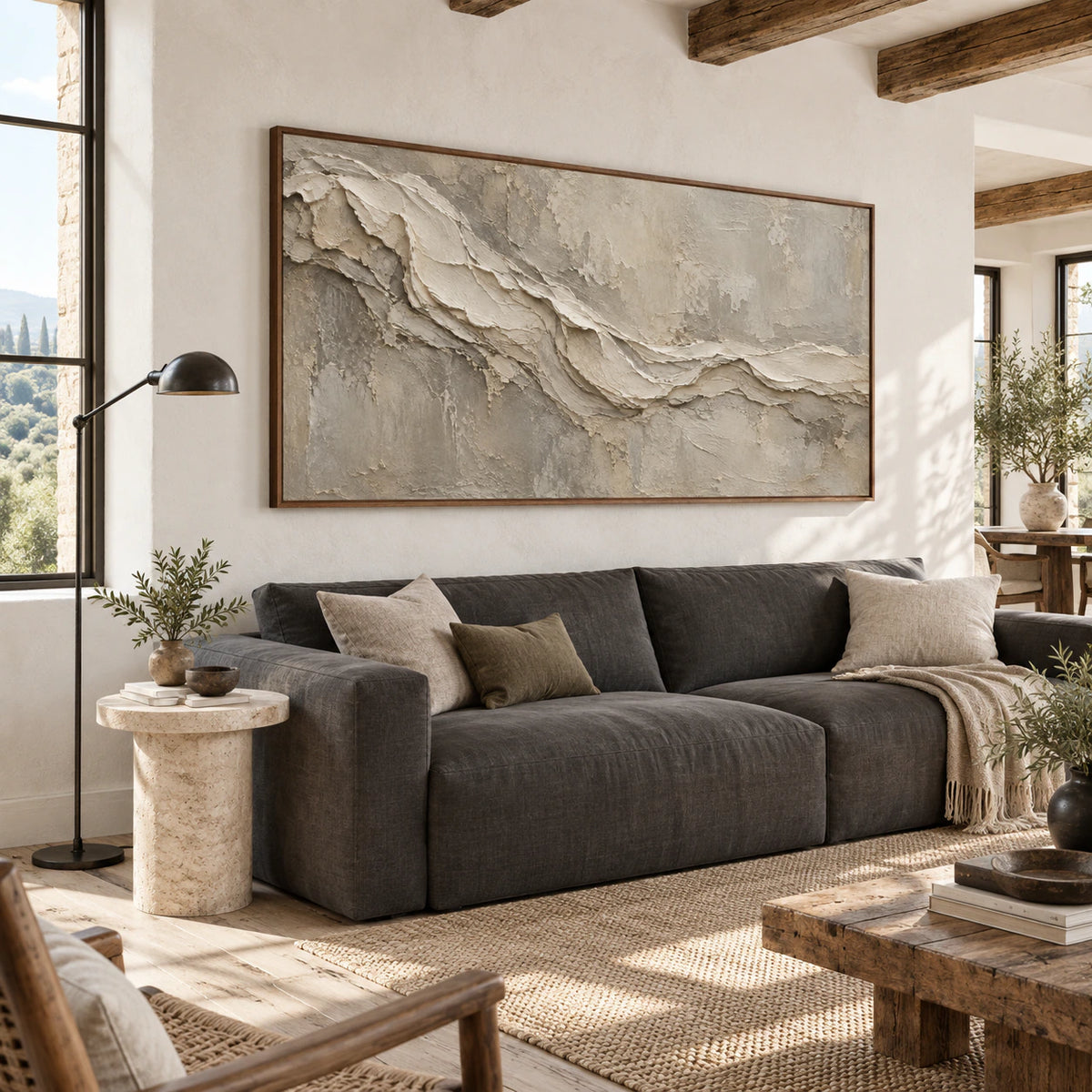 Tactile-Drift as the focal point above a restrained sofa in a bright contemporary living room.