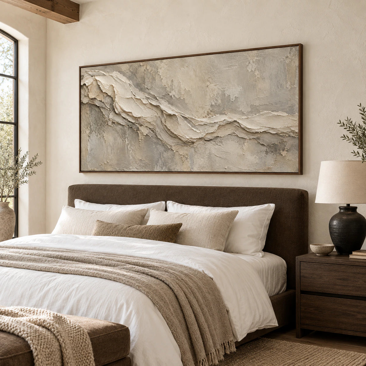 Tactile-Drift anchoring a quiet, softly lit bedroom with open natural daylight.
