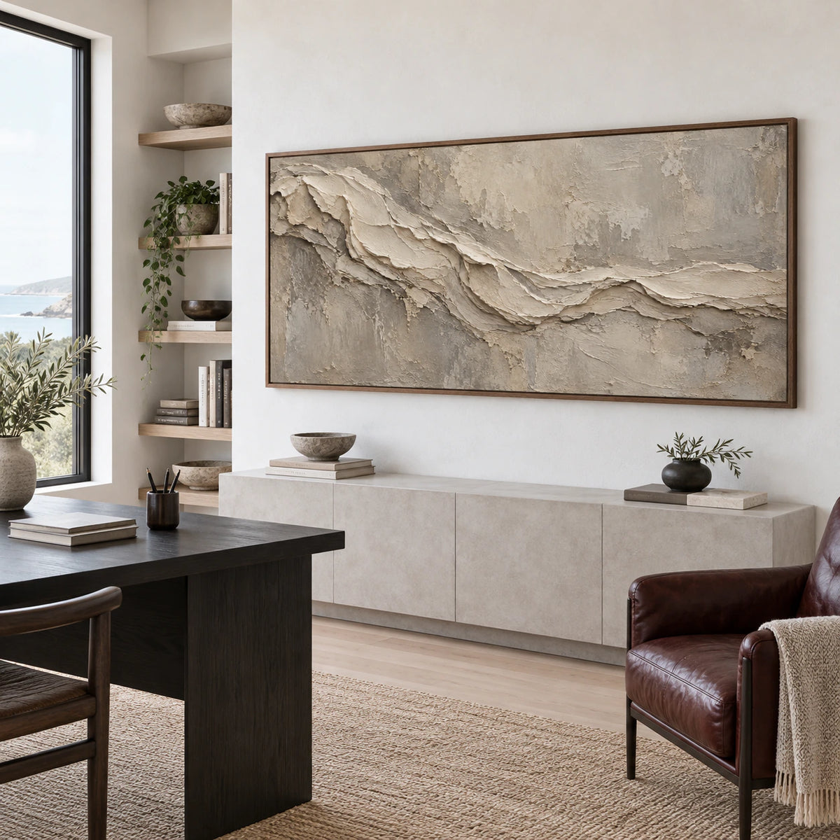 Tactile-Drift featured at large scale in an airy home office reading space.